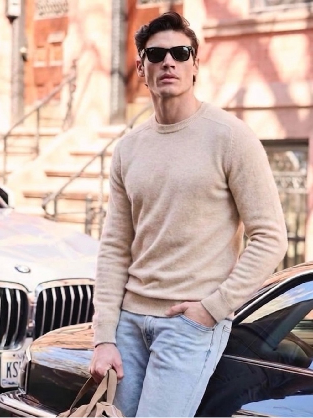 Men’s Raffi 100% Cashmere Crew Neck Pullover Sweater Cream Oatmeal Size L